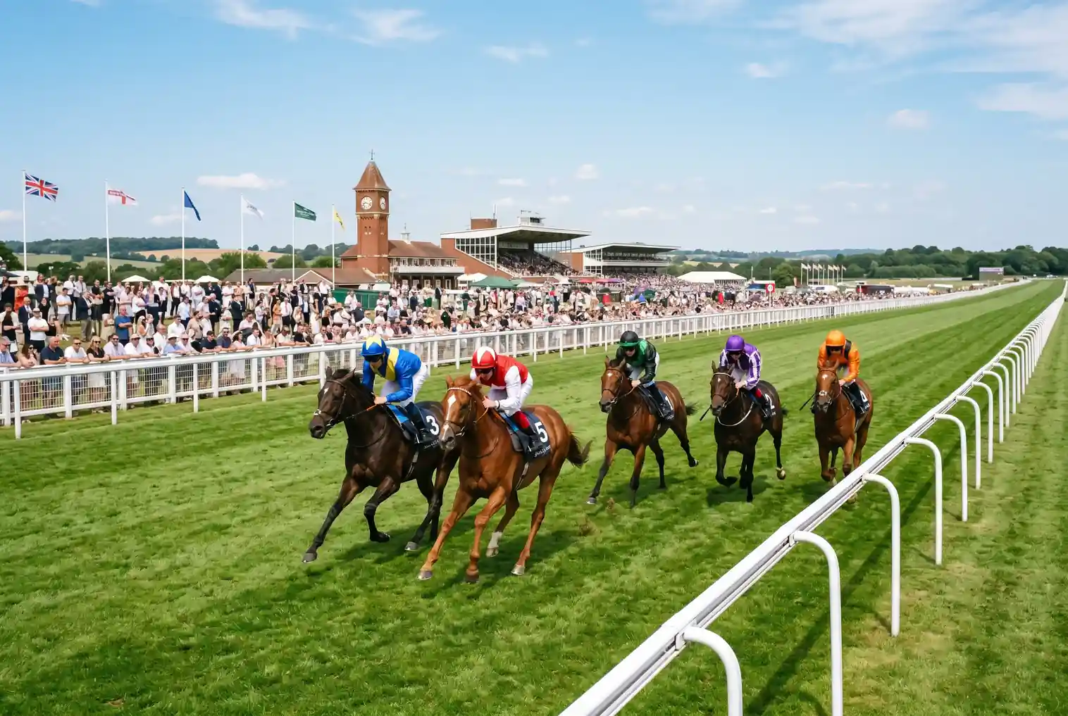 Horses racing on a flat turf track during the UK summer season