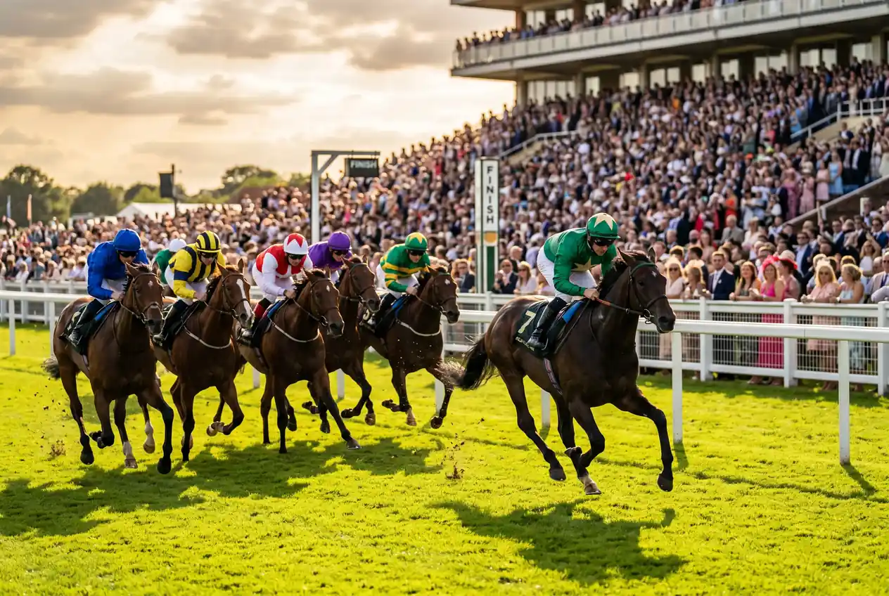 Thoroughbred racehorses approaching the finish line at a UK racecourse with packed grandstand in the background