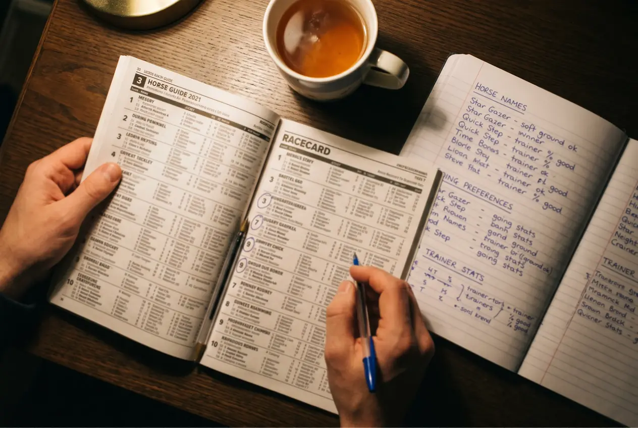 Punter studying a horse racing form guide and racecard with notes