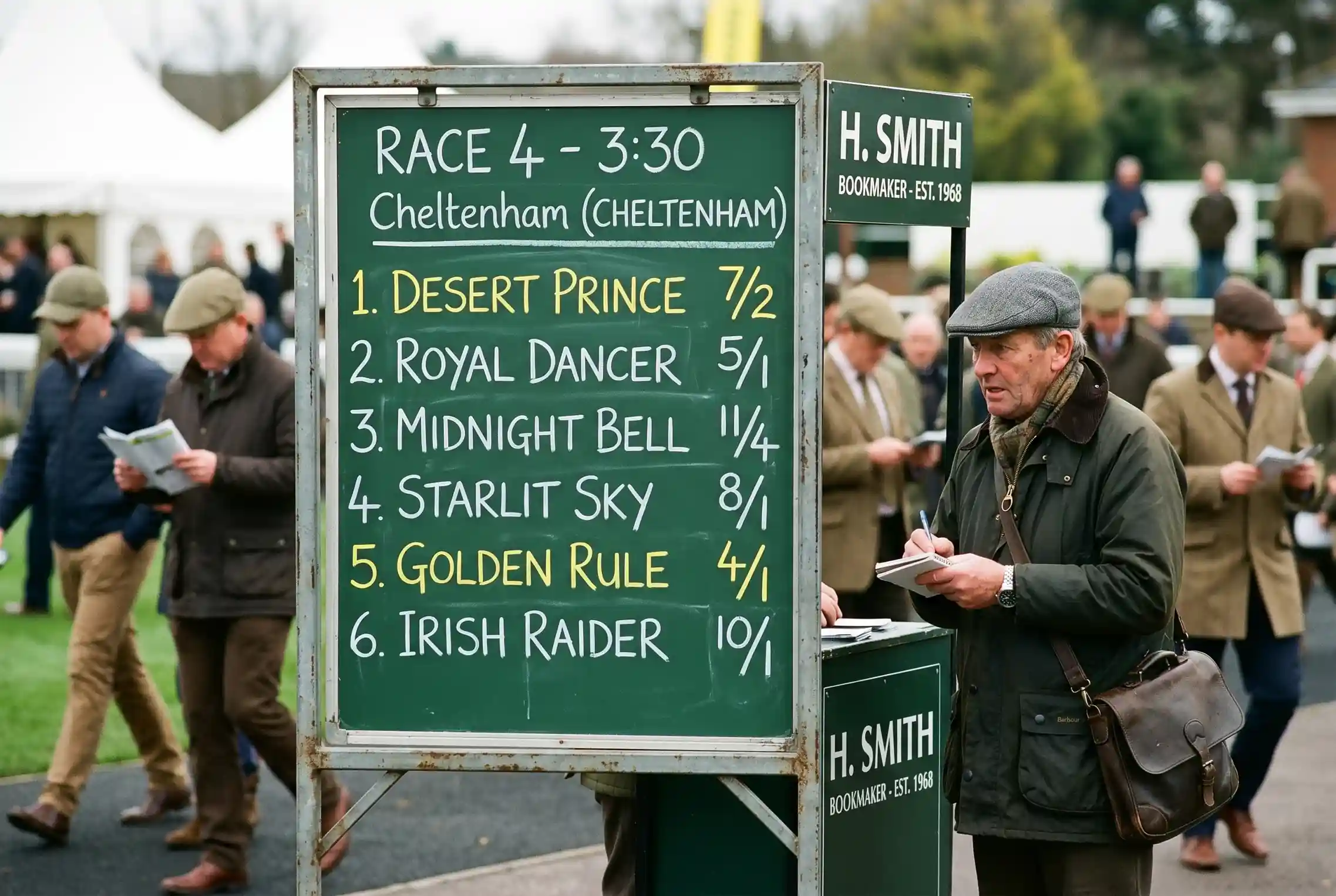 Close-up of a betting board showing fractional odds at a UK racecourse